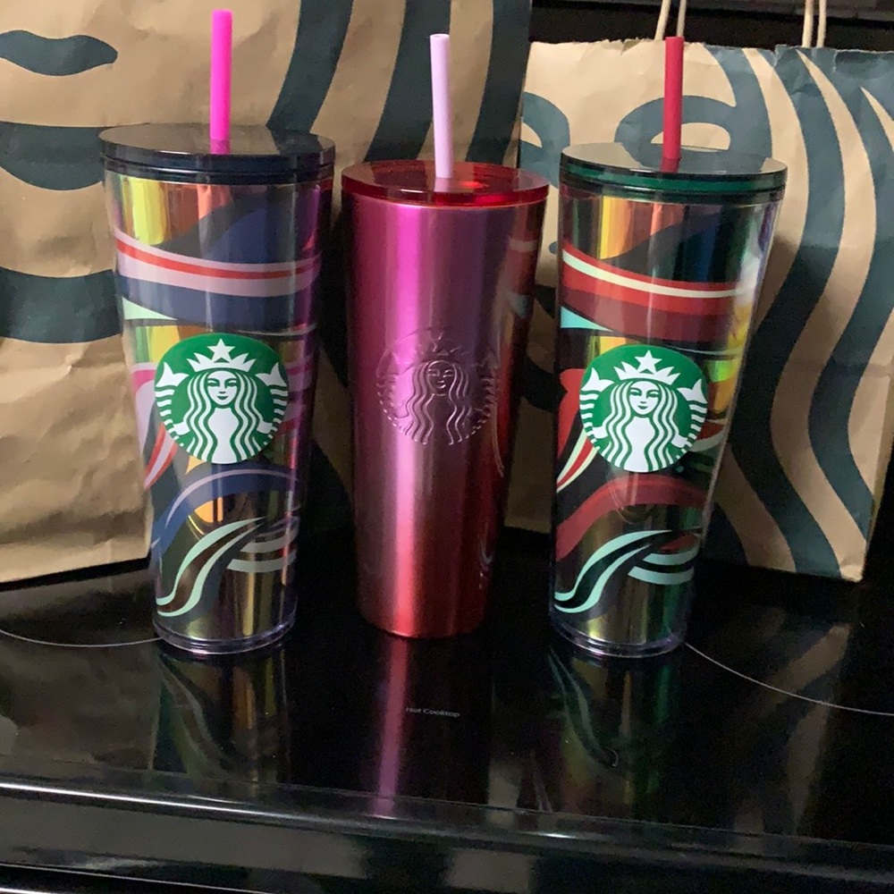 Starbucks Bundle ombre’ cup and two stripped Christmas Edition Tumblers